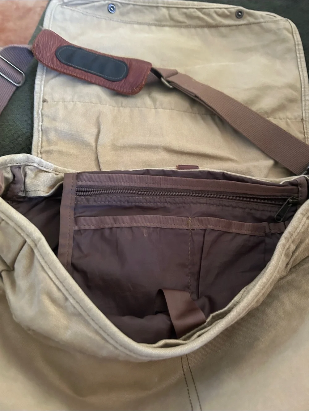 The Territory Ahead Beige Canvas Messenger Bag with Brown Leather Accents